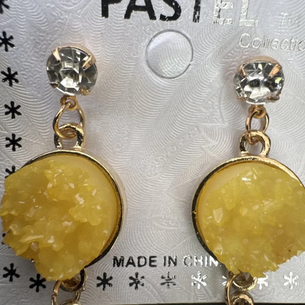 Pastel Faux Yellow Stone Crystal Gold Rhinestone Earrings Dangle Drop Party NEW